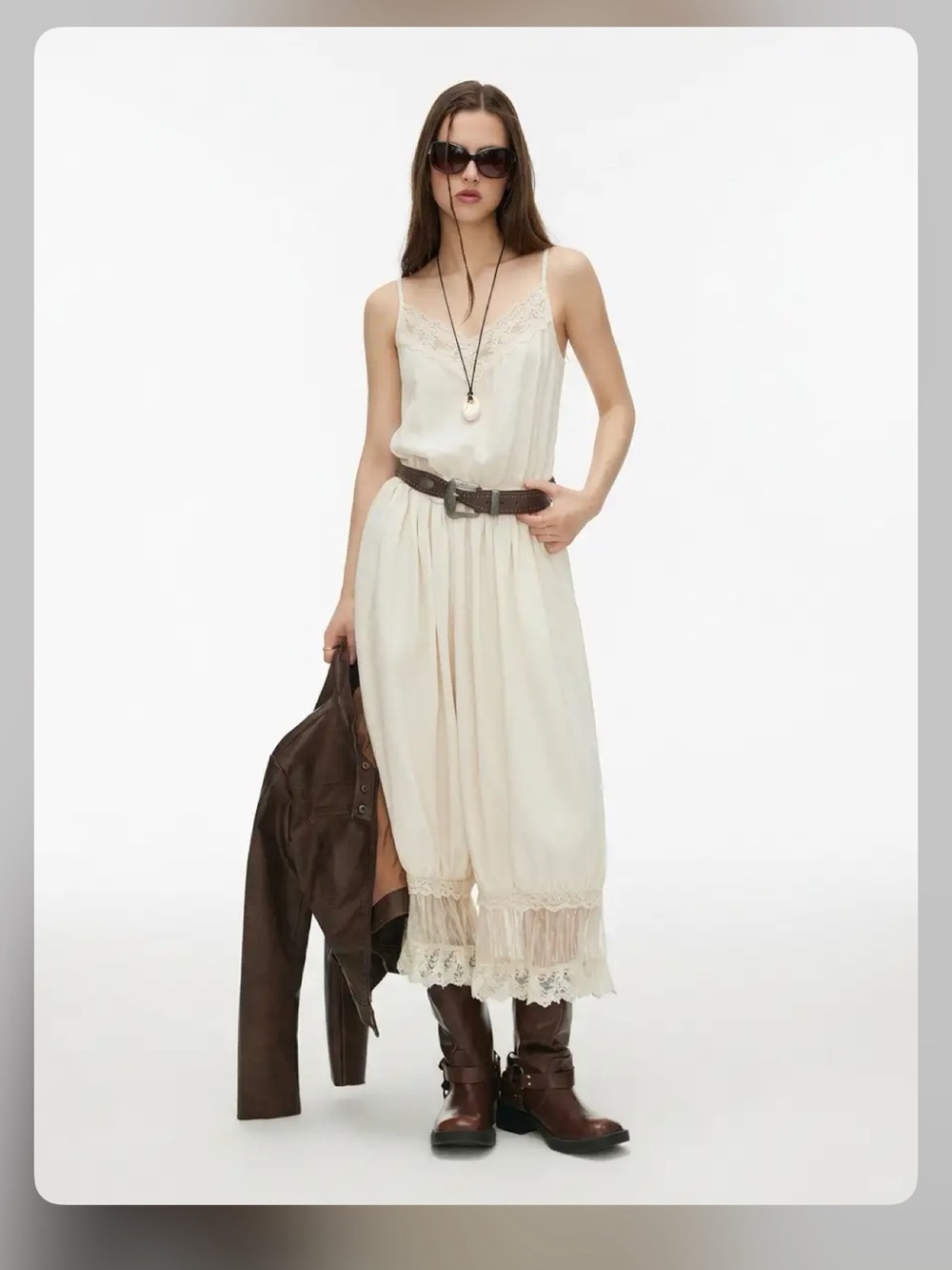 V-NECK LACE PANEL OVERSIZED DRAWSTRING BLOOMER JUMPSUIT XL